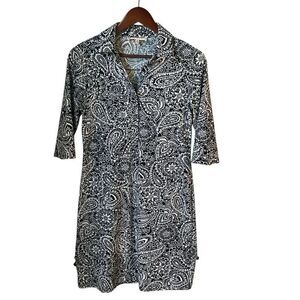 Jude Connally Half Button Shirt Dress, XS. Navy Paisley Preppy
